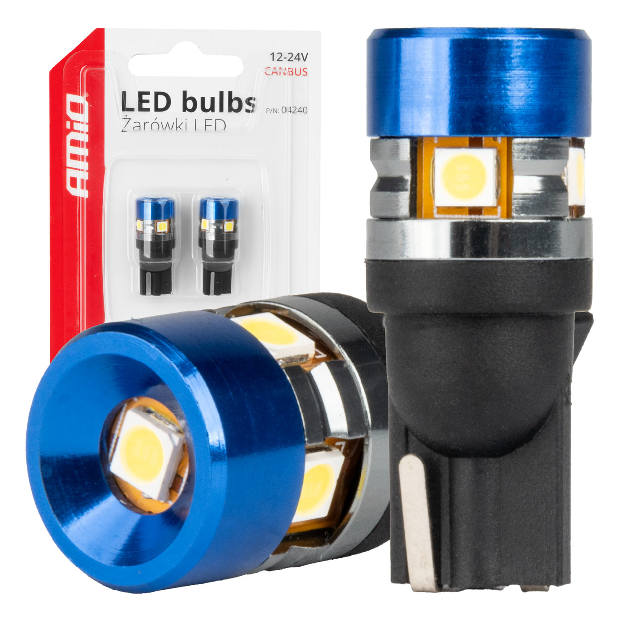 Amio - Λάμπες LED T10 W5W τάση λειτουργίας 12/24V με 5xSMD 3030 Can-bus λευκό φως 5.500K (σε χρώμα μπλε-μαύρο) για Επιβατικά Αυτοκίνητα και Φορτηγά - 2 τεμ. (04240/AM)