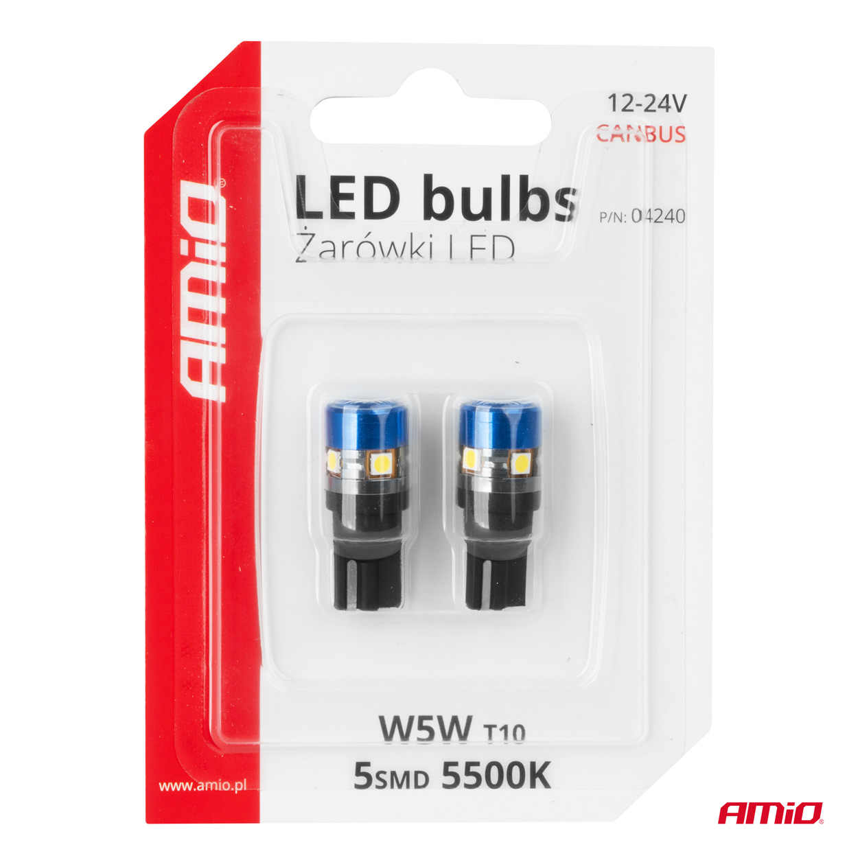 Amio - Λάμπες LED T10 W5W τάση λειτουργίας 12/24V με 5xSMD 3030 Can-bus λευκό φως 5.500K (σε χρώμα μπλε-μαύρο) για Επιβατικά Αυτοκίνητα και Φορτηγά - 2 τεμ. (04240/AM) - Image 4
