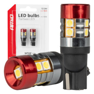 Amio - Λαμπάκια LED CAN Bus Αυτοκινήτου & Φορτηγού τύπου T10 W5W με τάση λειτουργίας 12V/24V 9xSMD 3030 με Λευκό Χρώμα Απόχρωσης 5.500k (Σε χρώμα Κόκκινο-Μαύρο) - 2 Τεμ. (04242/AM)