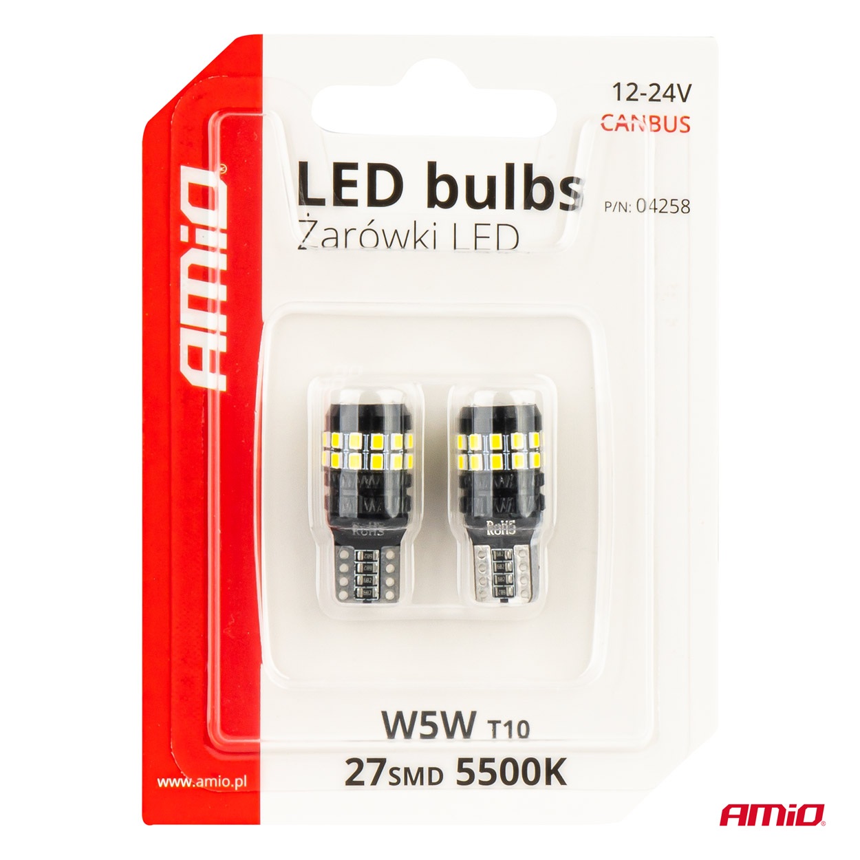 Amio - Λάμπες LED CANBUS T10 (W5W) 27SMD 2016 Λευκές 5500K 12V/24V - 2τεμ. (04258/AM) - Image 5