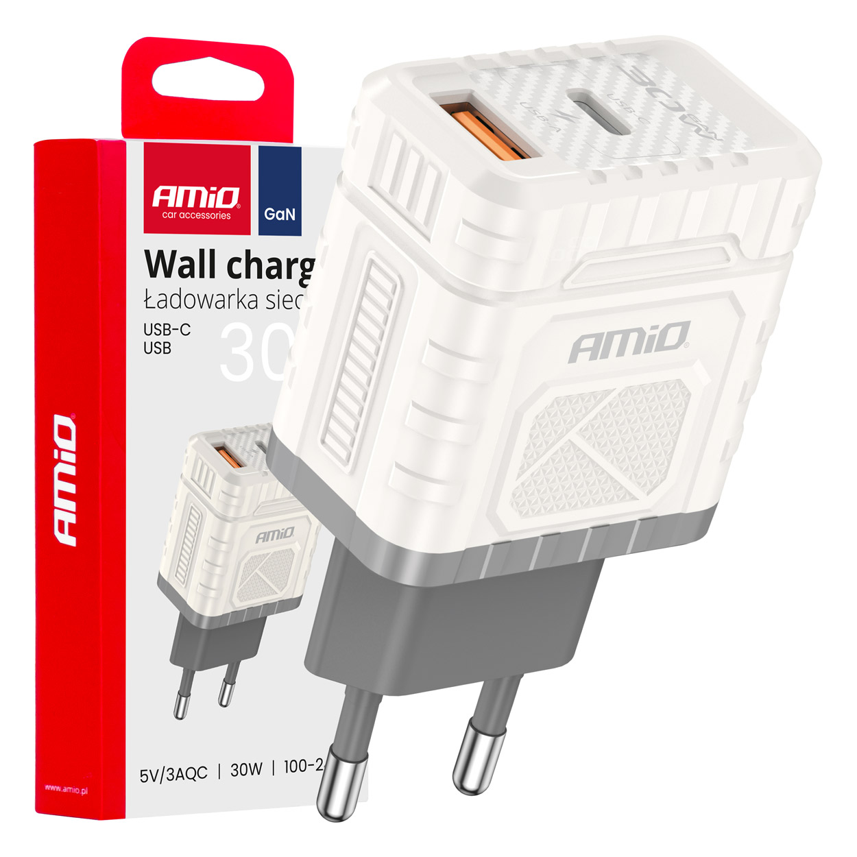 Amio - ΦΟΡΤΙΣΤΗΣ ΜΕ ΟΙΚΙΑΚΗ ΠΡΙΖΑ ΜΕ 2 ΘΥΡΕΣ USB-A+USB-C 30W 100-240V ΛΕΥΚΟ - 1 Τεμ. (04286/AM)